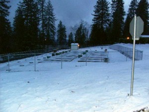 Snow covers the completed wastewater treatment system